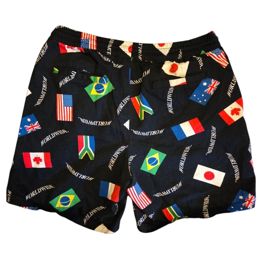 Forever 21 Mens Worldwide Flag Print Shorts Black Size Large Drawstring Casual - Picture 2 of 5